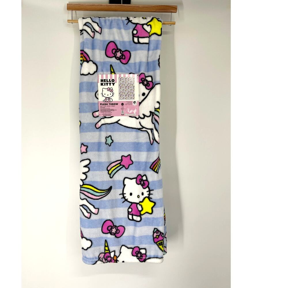 Hello Kitty Plush Throw Blanket 50 x 70 Unicorn Rainbow Blue Stripe Sanrio NEW